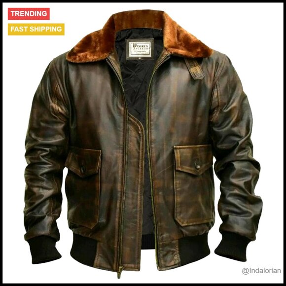 Genuine Leather Aviator Jacket Classic Retro Distressed Brown Fur Collar